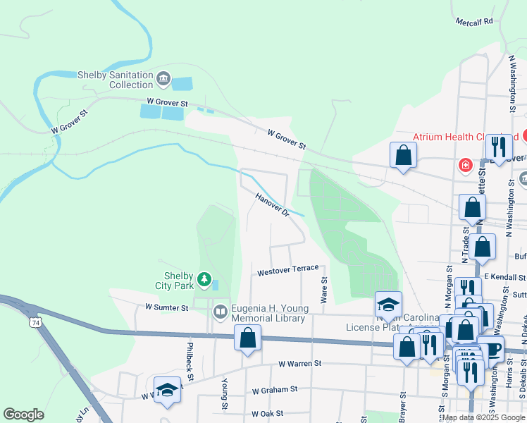 map of restaurants, bars, coffee shops, grocery stores, and more near 707 Grace Street in Shelby