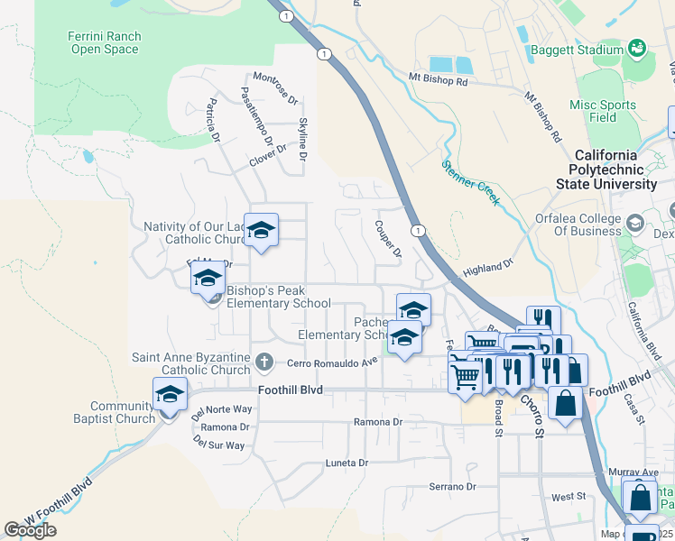 map of restaurants, bars, coffee shops, grocery stores, and more near 521 Princeton Place in San Luis Obispo