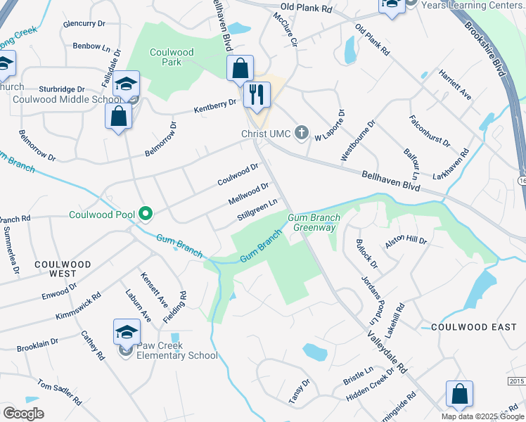 map of restaurants, bars, coffee shops, grocery stores, and more near 533 Stillgreen Lane in Charlotte