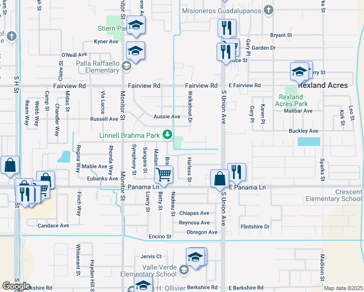 map of restaurants, bars, coffee shops, grocery stores, and more near 406 Marge Avenue in Bakersfield