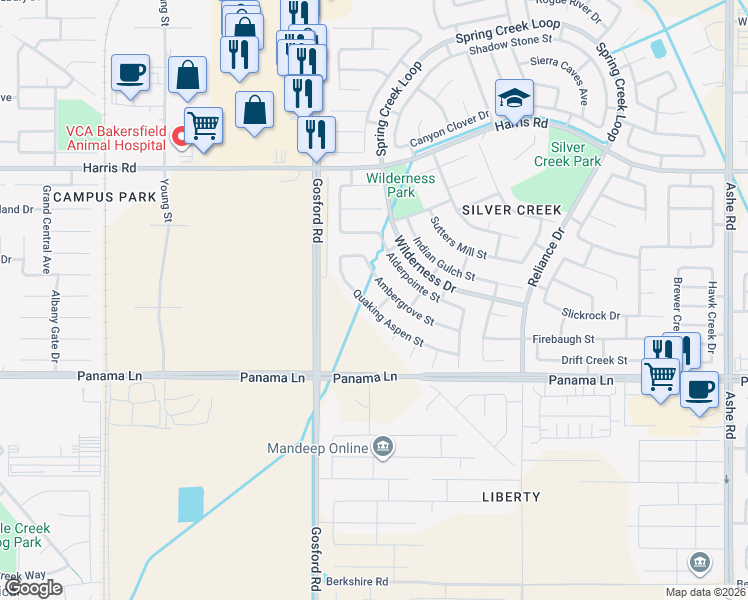 map of restaurants, bars, coffee shops, grocery stores, and more near 6109 Ambergrove Street in Bakersfield