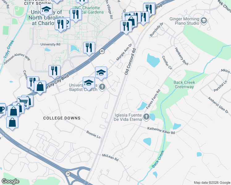 map of restaurants, bars, coffee shops, grocery stores, and more near in Charlotte