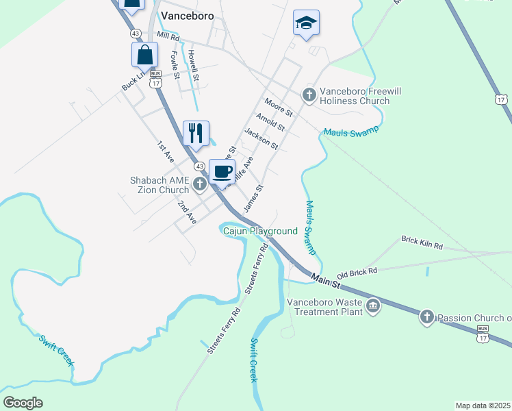map of restaurants, bars, coffee shops, grocery stores, and more near 143 James Street in Vanceboro
