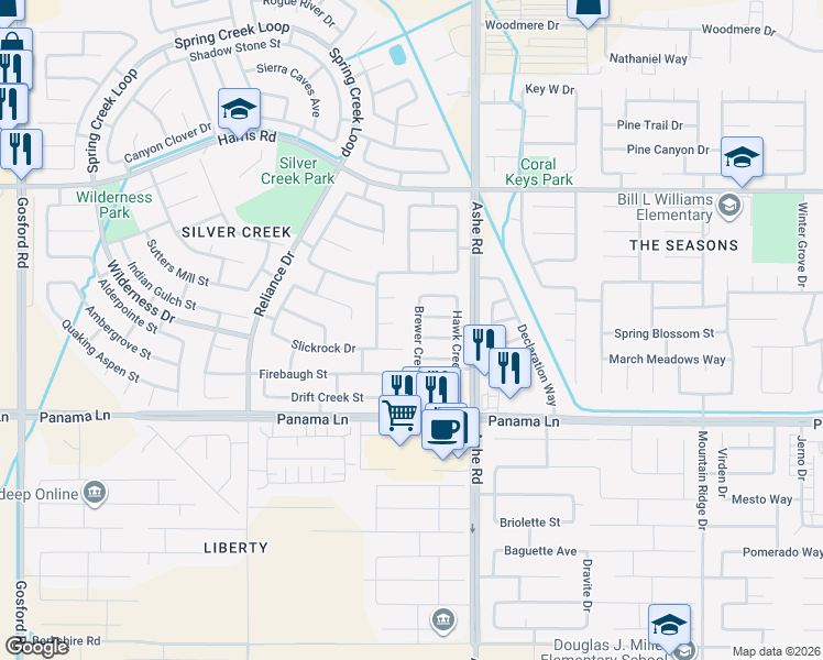 map of restaurants, bars, coffee shops, grocery stores, and more near 6115 Brewer Creek Drive in Bakersfield