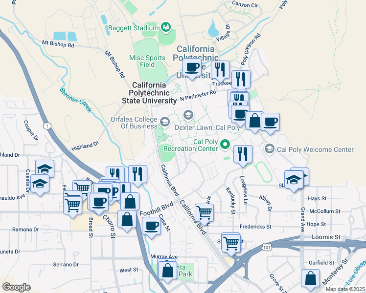 map of restaurants, bars, coffee shops, grocery stores, and more near in San Luis Obispo County