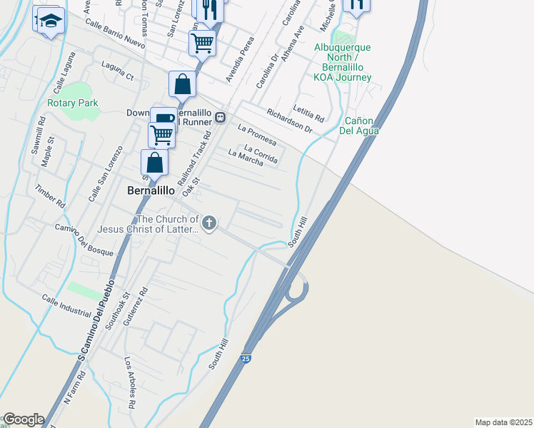 map of restaurants, bars, coffee shops, grocery stores, and more near 9 Mary Hill Road in Bernalillo