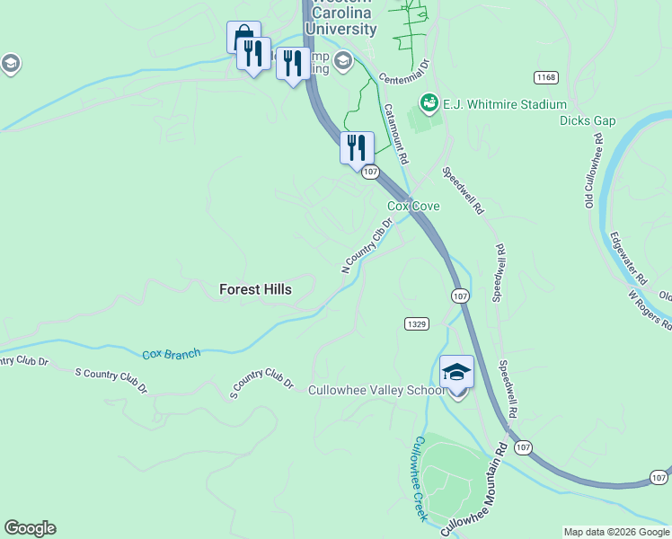 map of restaurants, bars, coffee shops, grocery stores, and more near 31-47 Warp Dr in Cullowhee