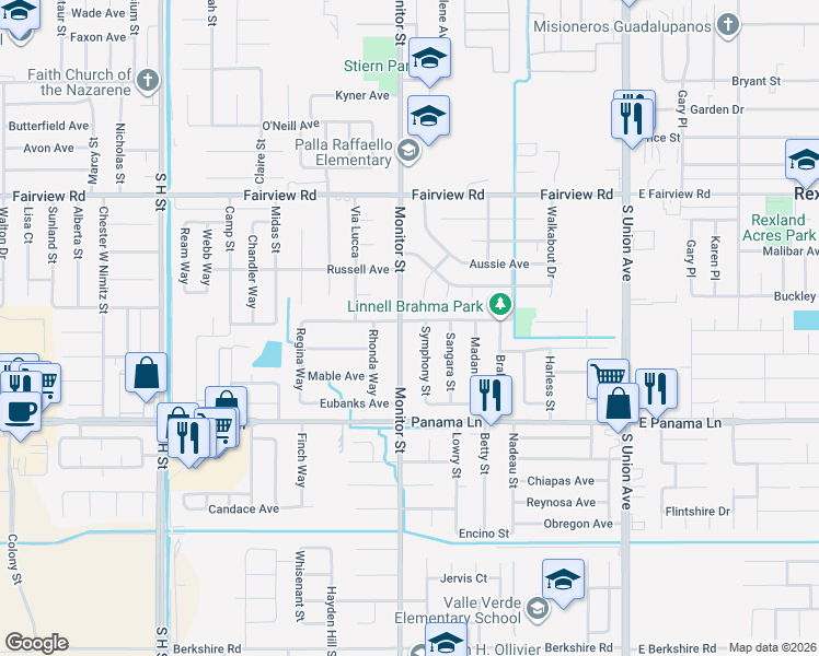 map of restaurants, bars, coffee shops, grocery stores, and more near 6200 Monitor Street in Bakersfield