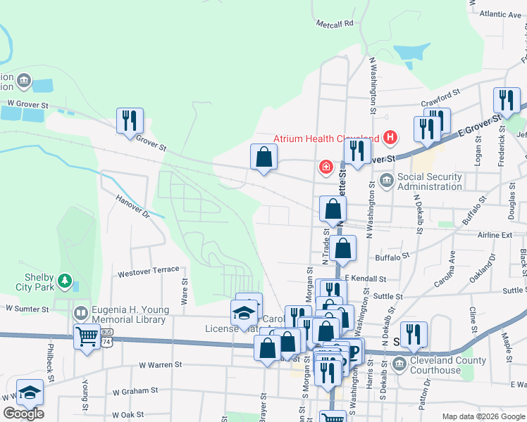 map of restaurants, bars, coffee shops, grocery stores, and more near 630 Hillcrest Drive in Shelby