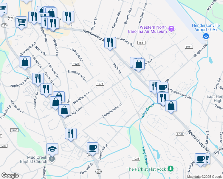 map of restaurants, bars, coffee shops, grocery stores, and more near 531 Brooklyn Avenue in Hendersonville