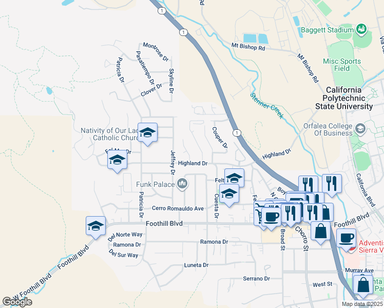 map of restaurants, bars, coffee shops, grocery stores, and more near 521 Princeton Place in San Luis Obispo