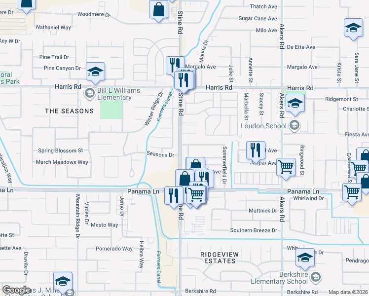 map of restaurants, bars, coffee shops, grocery stores, and more near 4816 Pinecastle Avenue in Bakersfield
