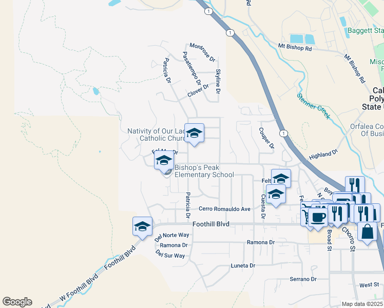 map of restaurants, bars, coffee shops, grocery stores, and more near 221 Daly Avenue in San Luis Obispo