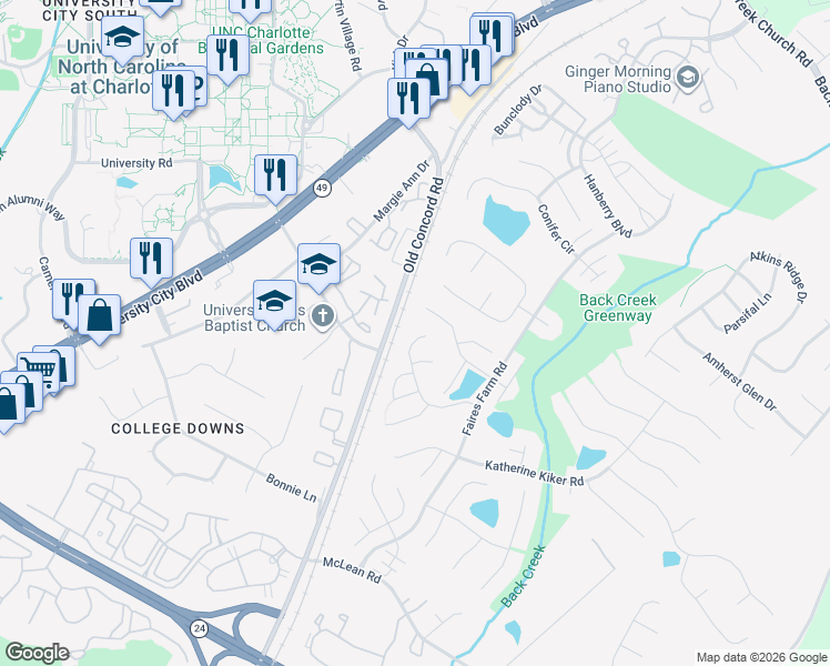 map of restaurants, bars, coffee shops, grocery stores, and more near 1516 Gordon Walters Drive in Charlotte