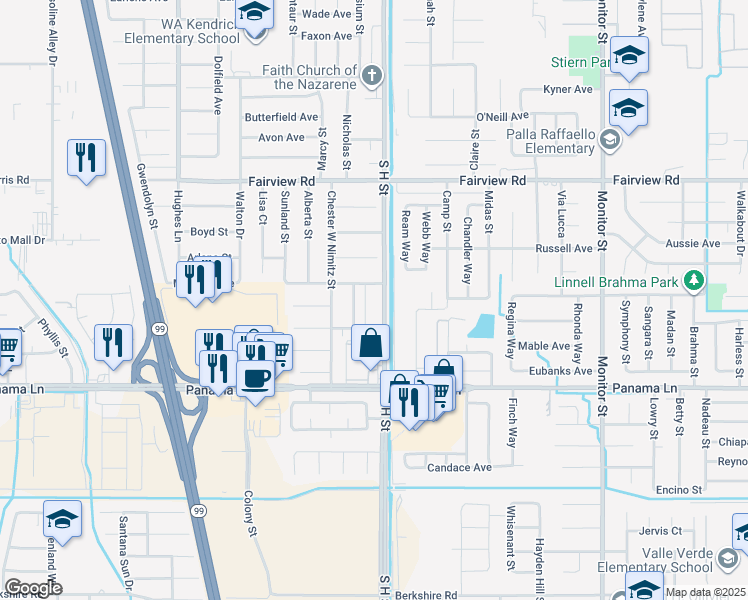 map of restaurants, bars, coffee shops, grocery stores, and more near 6111 South H Street in Bakersfield