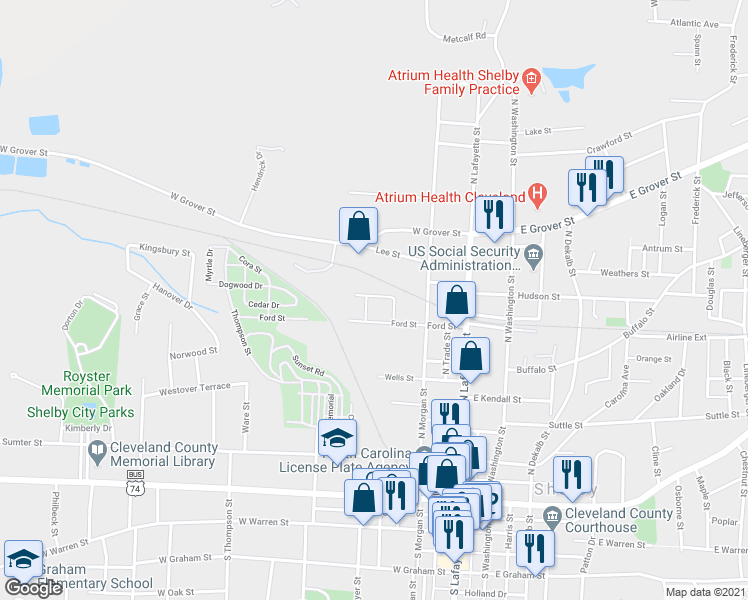 map of restaurants, bars, coffee shops, grocery stores, and more near 625 Hillcrest Drive in Shelby
