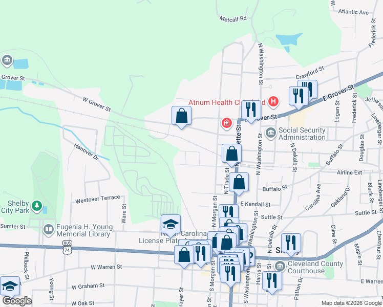 map of restaurants, bars, coffee shops, grocery stores, and more near 616 Hillcrest Drive in Shelby