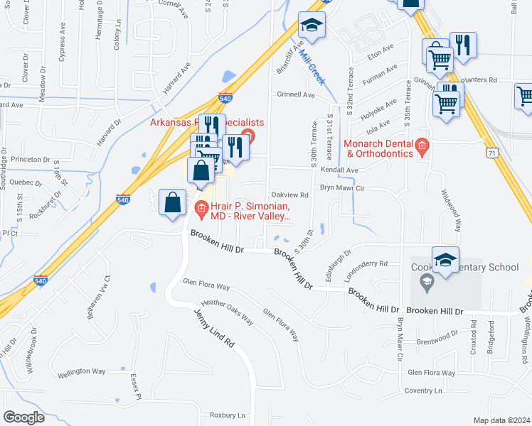 map of restaurants, bars, coffee shops, grocery stores, and more near 2799 Oakview Road in Fort Smith