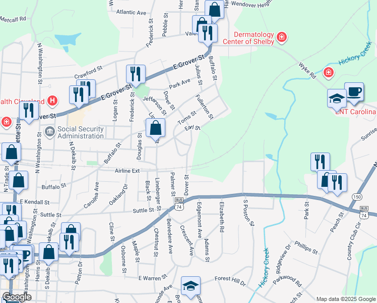 map of restaurants, bars, coffee shops, grocery stores, and more near Dover Street in Shelby