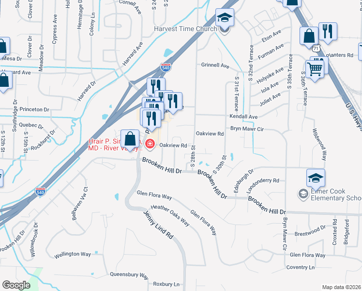 map of restaurants, bars, coffee shops, grocery stores, and more near Oakview Road in Fort Smith