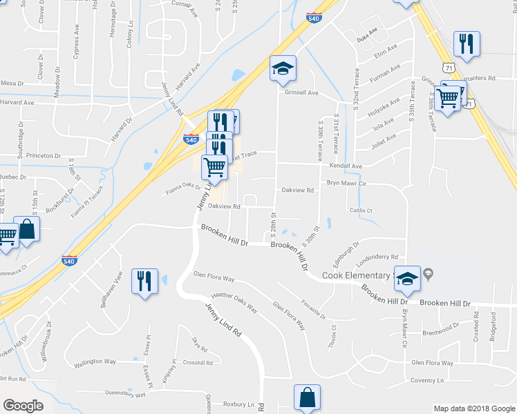 map of restaurants, bars, coffee shops, grocery stores, and more near 2741 Oakview Road in Fort Smith