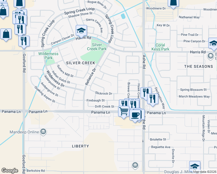 map of restaurants, bars, coffee shops, grocery stores, and more near 6115 Cloud Peak Court in Bakersfield