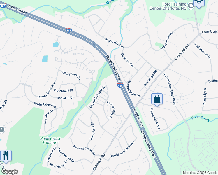 map of restaurants, bars, coffee shops, grocery stores, and more near 10406 Cochran Ridge Avenue in Charlotte