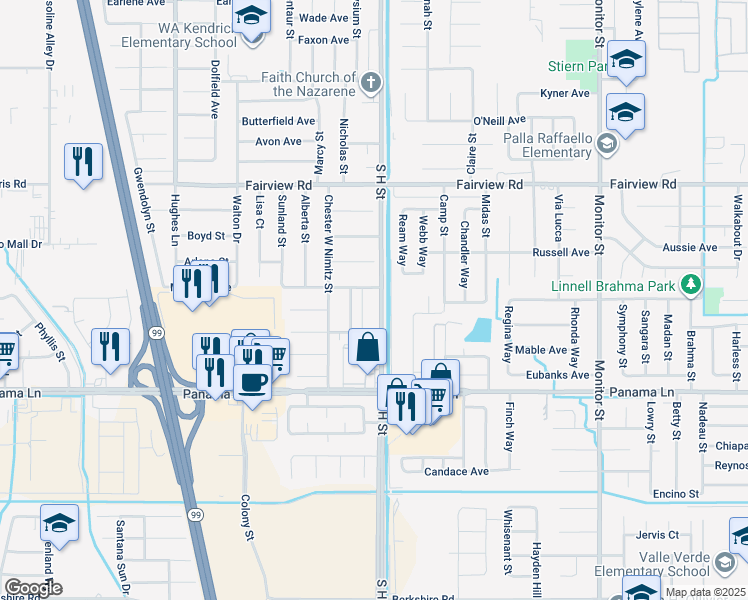 map of restaurants, bars, coffee shops, grocery stores, and more near 6101 South H Street in Bakersfield
