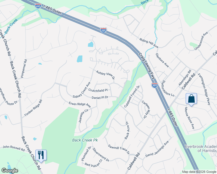 map of restaurants, bars, coffee shops, grocery stores, and more near 16732 Macanthra Drive in Charlotte