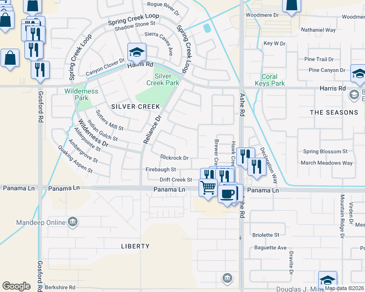 map of restaurants, bars, coffee shops, grocery stores, and more near 6115 Cloud Peak Court in Bakersfield