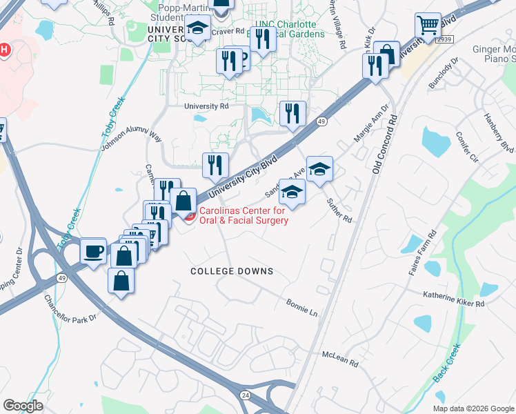 map of restaurants, bars, coffee shops, grocery stores, and more near 9154 Sandburg Avenue in Charlotte