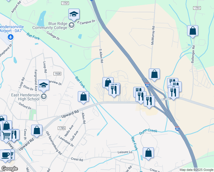 map of restaurants, bars, coffee shops, grocery stores, and more near 520 South Allen Road in Flat Rock