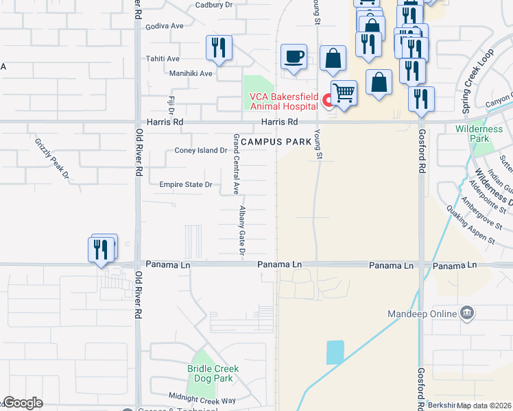 map of restaurants, bars, coffee shops, grocery stores, and more near 9017 Staten Island Drive in Bakersfield