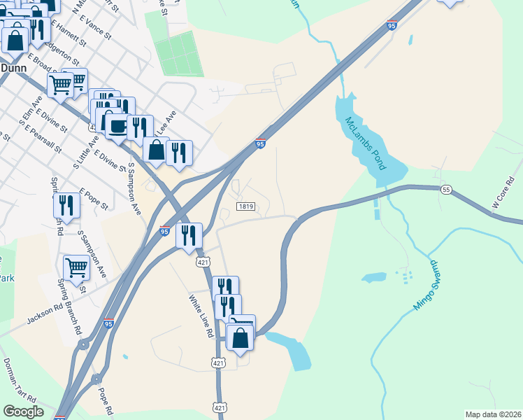 map of restaurants, bars, coffee shops, grocery stores, and more near 40 Old State Highway 55 East in Dunn