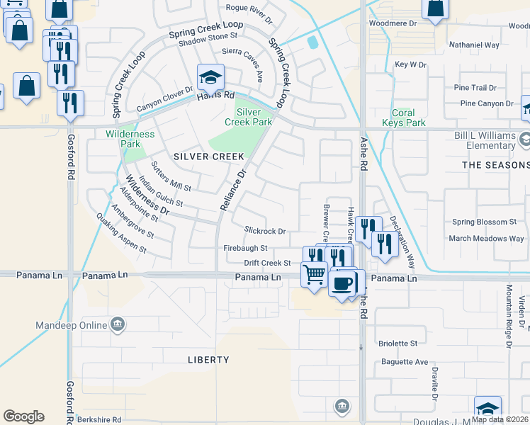 map of restaurants, bars, coffee shops, grocery stores, and more near 7011 Elkhorn Street in Bakersfield