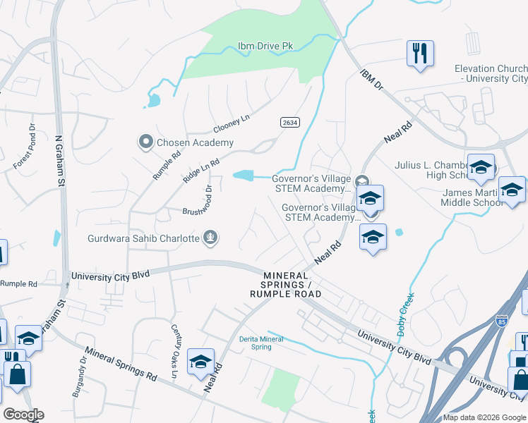 map of restaurants, bars, coffee shops, grocery stores, and more near 1535 Rumstone Lane in Charlotte