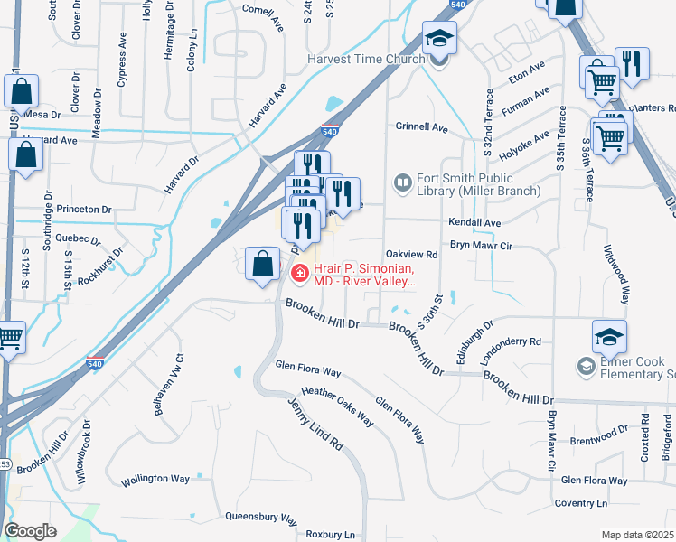 map of restaurants, bars, coffee shops, grocery stores, and more near 2701 Oakview Road in Fort Smith