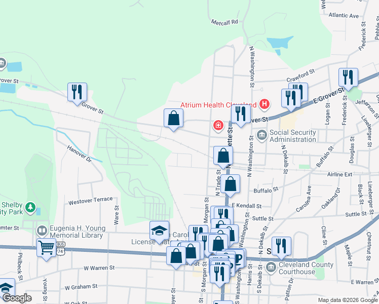 map of restaurants, bars, coffee shops, grocery stores, and more near 616 Hillcrest Drive in Shelby