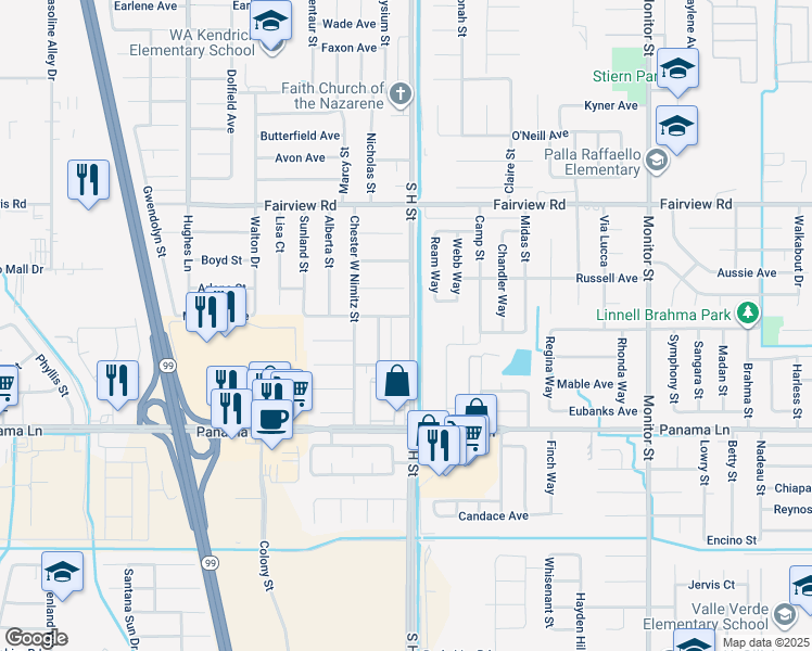 map of restaurants, bars, coffee shops, grocery stores, and more near 6105 South H Street in Bakersfield