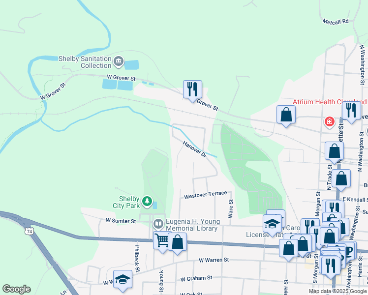 map of restaurants, bars, coffee shops, grocery stores, and more near 707 Grace Street in Shelby