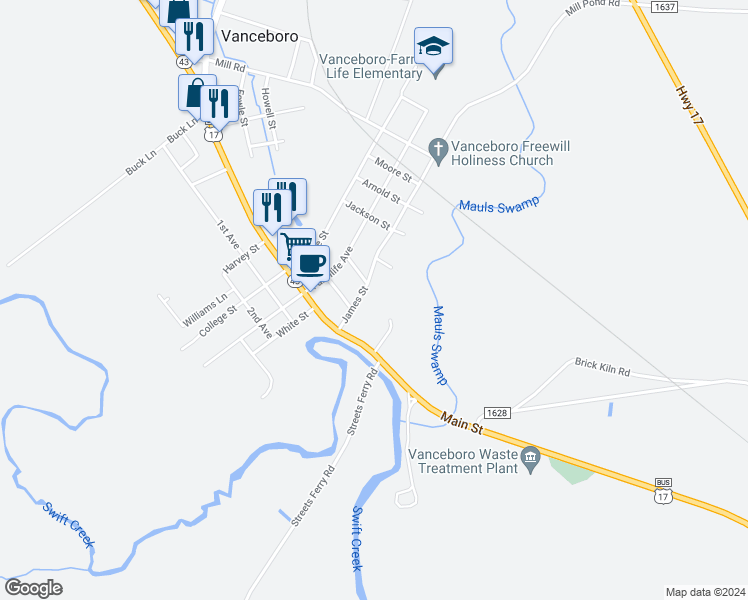 map of restaurants, bars, coffee shops, grocery stores, and more near 143 James Street in Vanceboro