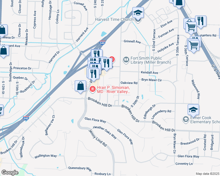 map of restaurants, bars, coffee shops, grocery stores, and more near 2753 Oakview Road in Fort Smith