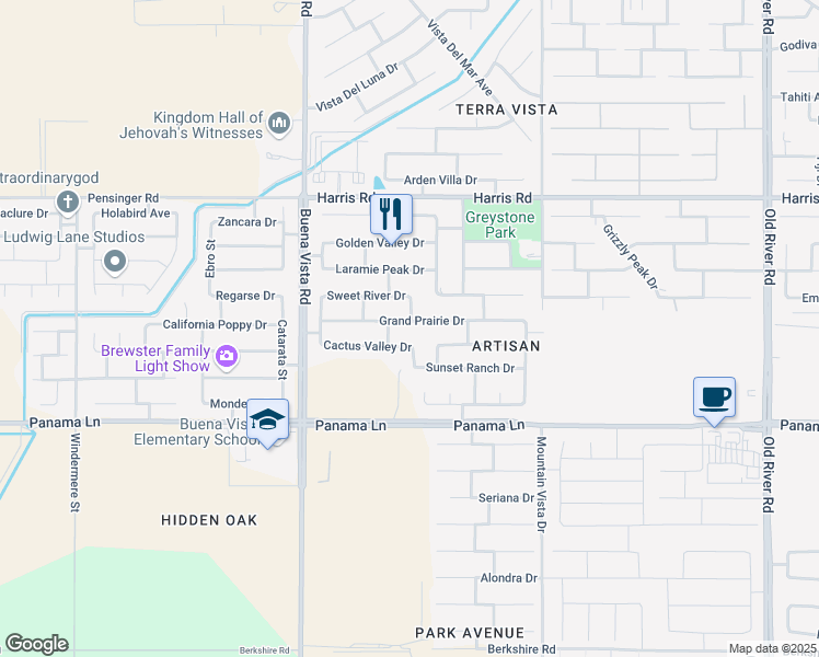 map of restaurants, bars, coffee shops, grocery stores, and more near 10901 Grand Prairie Dr in Bakersfield