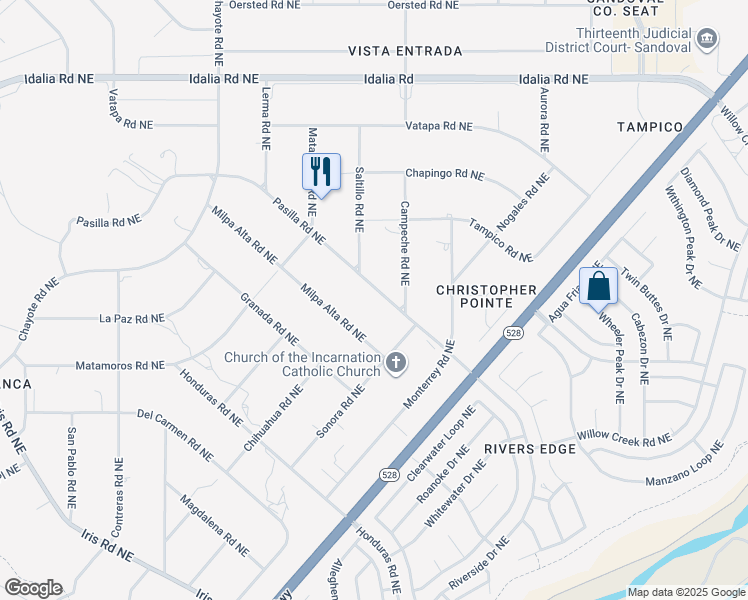 map of restaurants, bars, coffee shops, grocery stores, and more near 6724 Pasilla Road Northeast in Rio Rancho