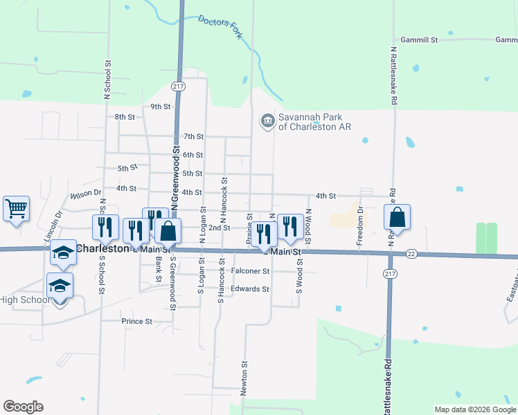 map of restaurants, bars, coffee shops, grocery stores, and more near 22 North Vine Street in Charleston