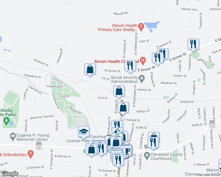 map of restaurants, bars, coffee shops, grocery stores, and more near 698 North Morgan Street in Shelby