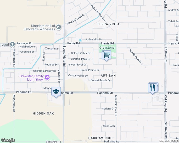 map of restaurants, bars, coffee shops, grocery stores, and more near 10901 Grand Prairie Drive in Bakersfield