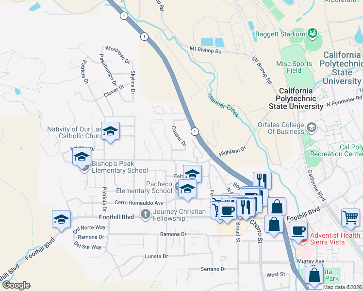 map of restaurants, bars, coffee shops, grocery stores, and more near 536 Couper Drive in San Luis Obispo