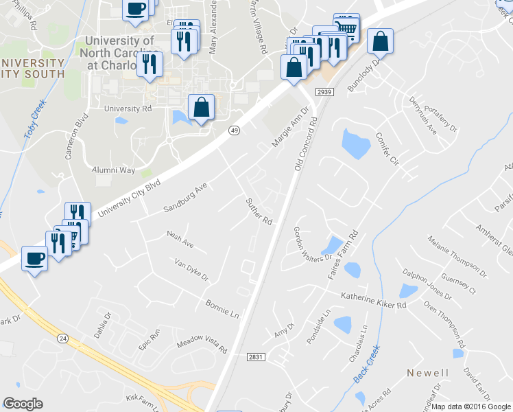 map of restaurants, bars, coffee shops, grocery stores, and more near 9601 Vinca Circle in Charlotte