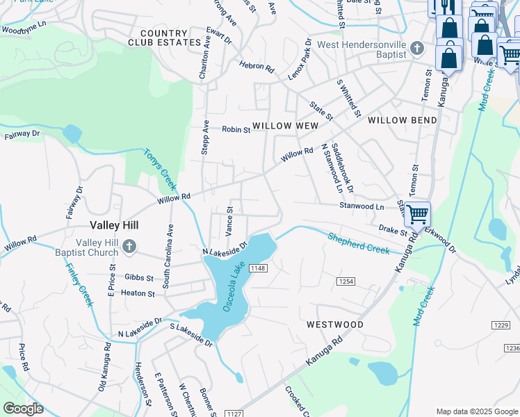 map of restaurants, bars, coffee shops, grocery stores, and more near 106 Vance Street in Hendersonville